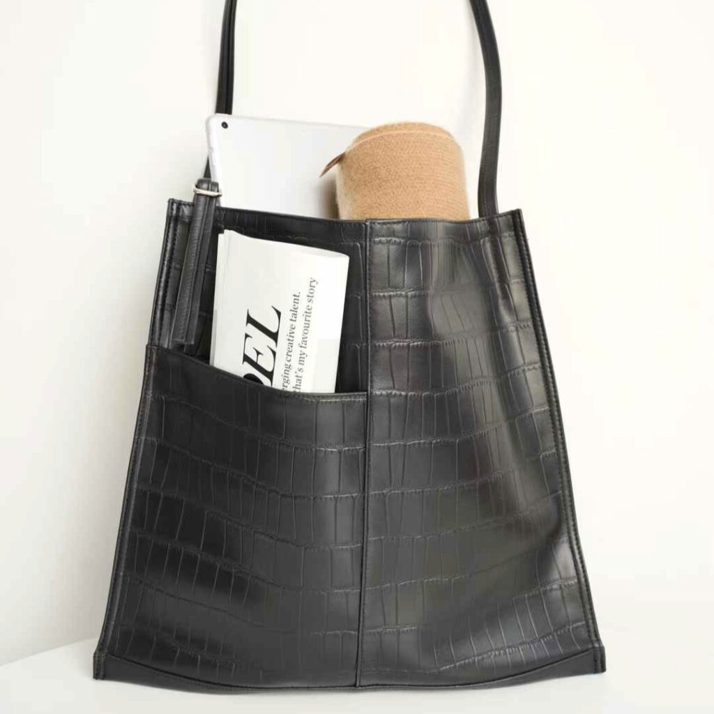 Crocodile-Embossed Leather Tote Bag | Black Shoulder Bag for Women