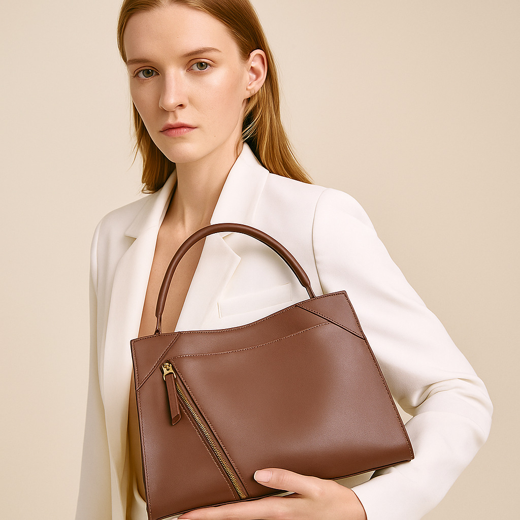 Asymmetric Zip Genuine Leather Handbag