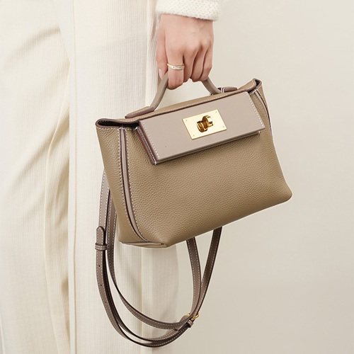 Leather Twist Lock Satchel Bag